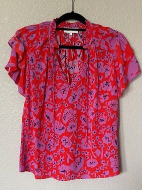 Caballero Floral V‑Neck Blouse — Red/Pink Print XS